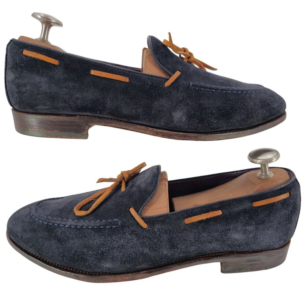 Carmina Shoemaker Mens 10 Navy Blue Suede Dress Shoes Bow Loafers Slip-ons 9.5UK - Picture 5 of 13